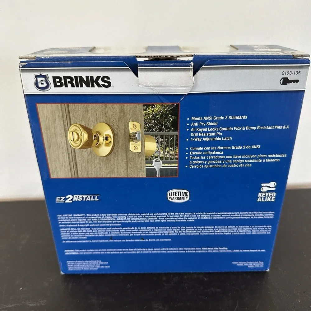 New Brinks Keyed Entry Twin Two Pack Polished Brass Door Knobs Exterior Lifetime